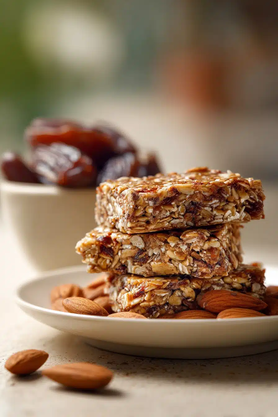 Close-up of Date Almond Oat Bars with a clean background, showcasing texture and ingredients.