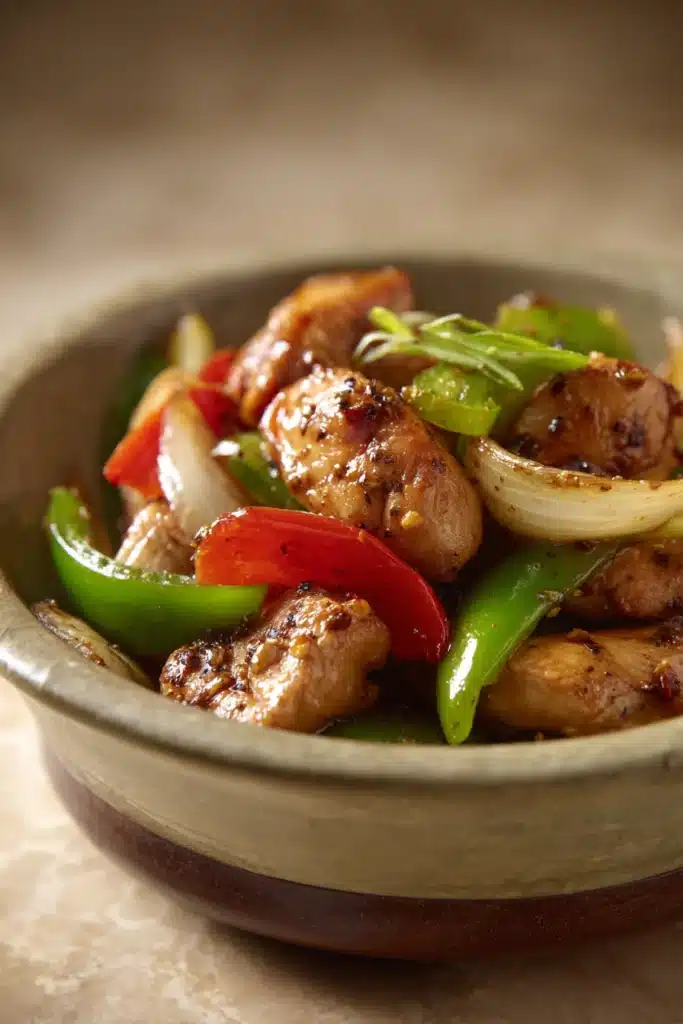 Close-up of Black Pepper Chicken with creamy sauce and herbs on a clean plate.