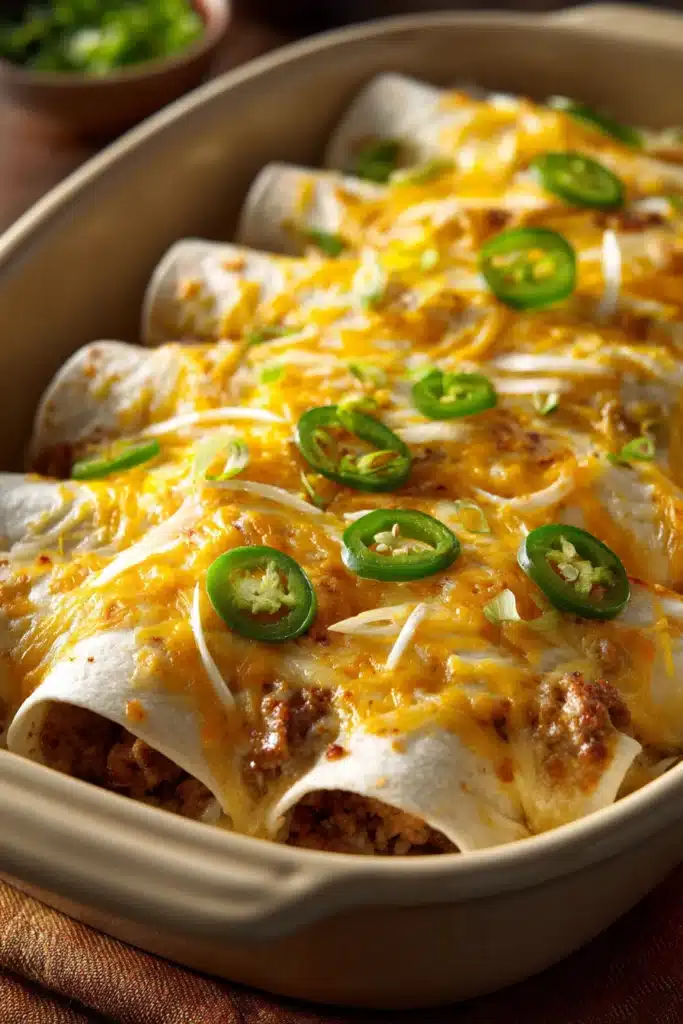 Close-up of breakfast enchiladas with cheese and sauce on a clean plate