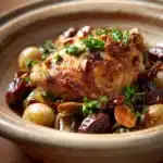 Close-up of a chicken and date casserole with a golden crust and herbs