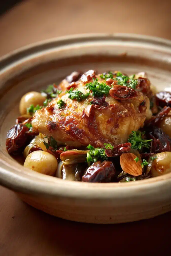 Close-up of a chicken and date casserole with a golden crust and herbs