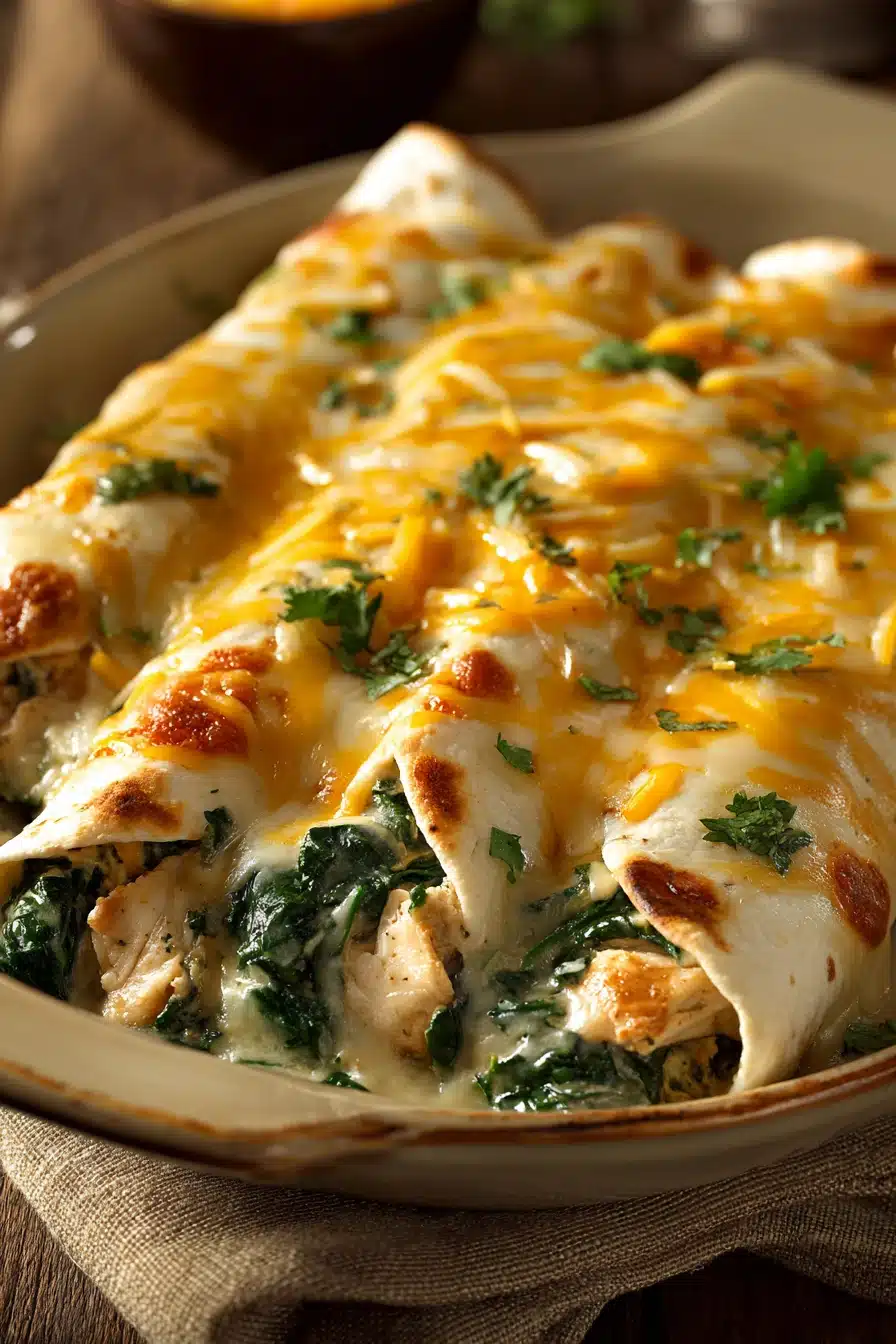 Close-up of chicken and spinach enchiladas with melted cheese and fresh herbs.