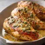 Close-up of a delicious chicken breast meal with bright, warm lighting and a clean background.