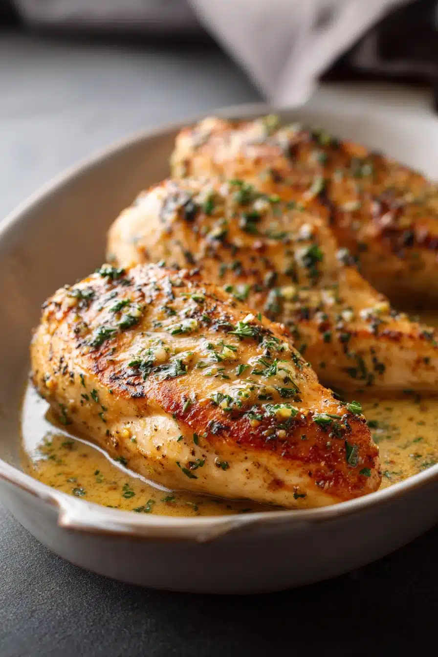 Close-up of a delicious chicken breast meal with bright, warm lighting and a clean background.