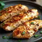 Close-up of chicken breast strips with creamy sauce on a clean plate