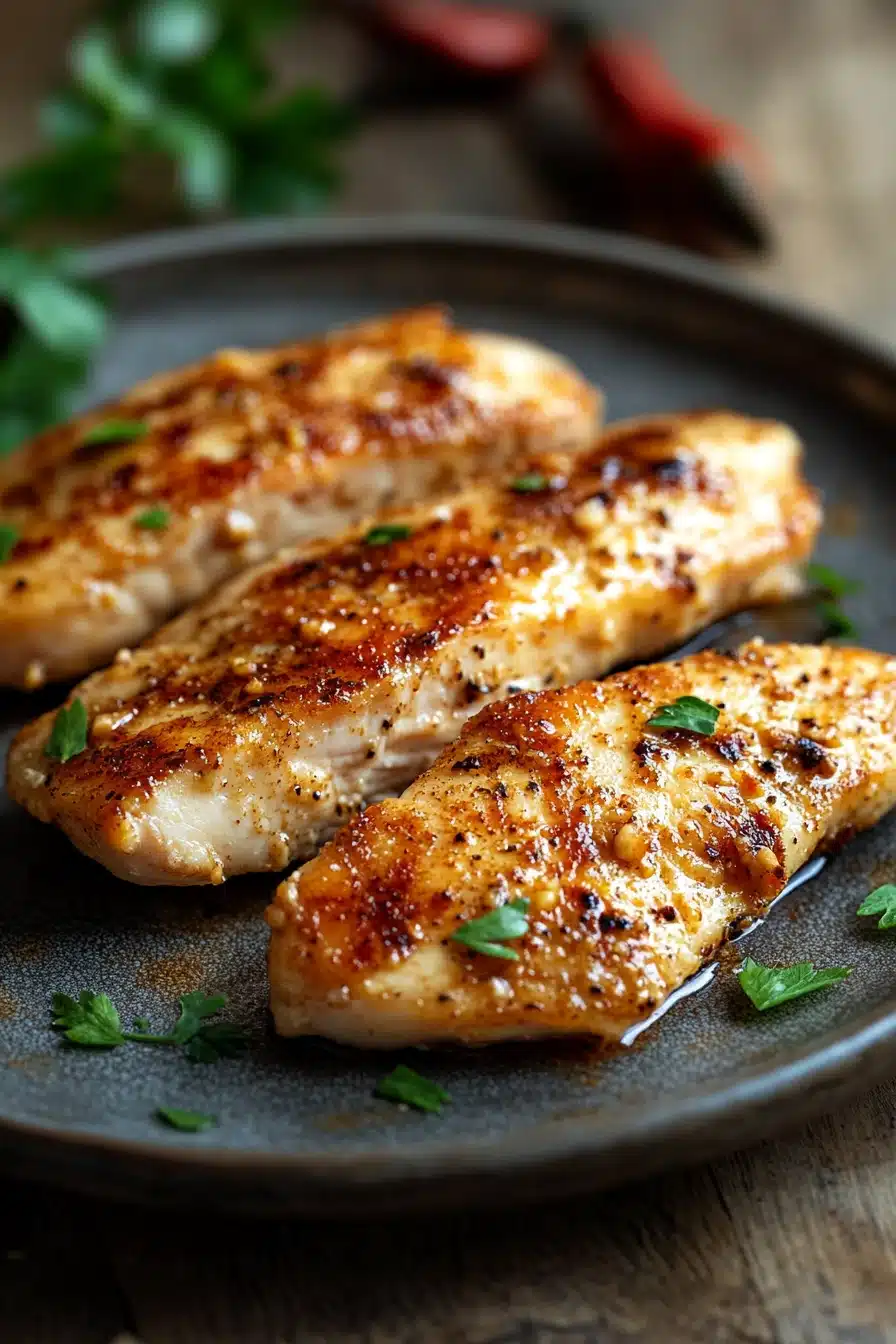 Close-up of chicken breast strips with creamy sauce on a clean plate