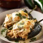 Close-up of Chicken Chiles Rellenos with melted cheese and roasted peppers