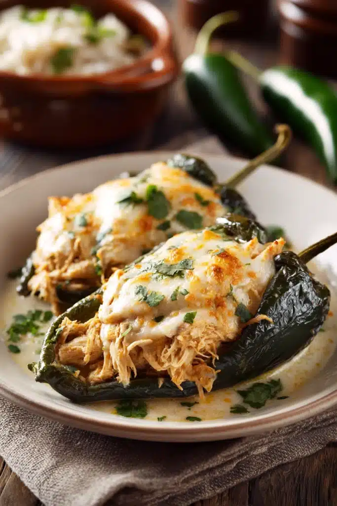 Close-up of Chicken Chiles Rellenos with melted cheese and roasted peppers