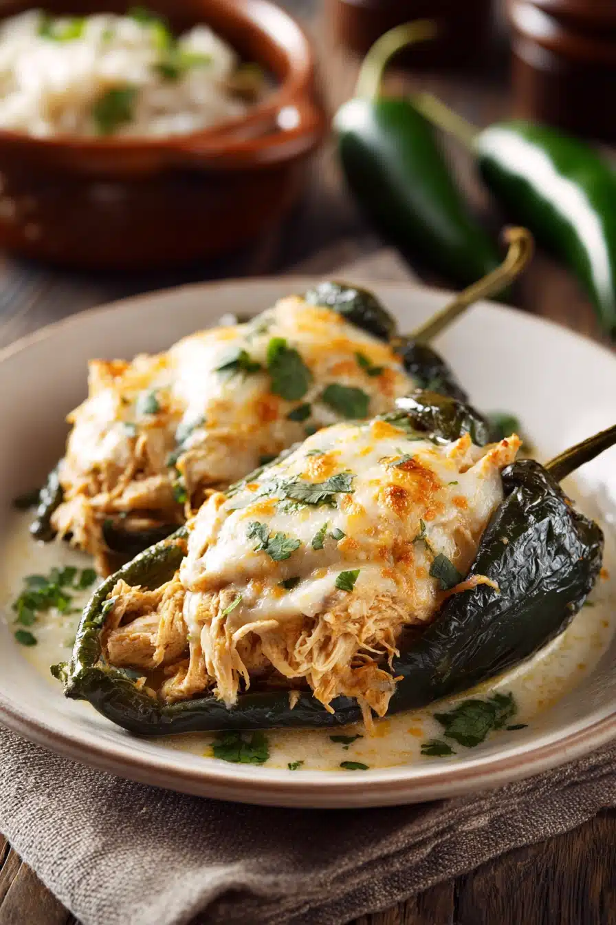 Close-up of Chicken Chiles Rellenos with melted cheese and roasted peppers