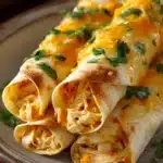 Close-up of chicken flautas with crispy golden tortillas and creamy sauce