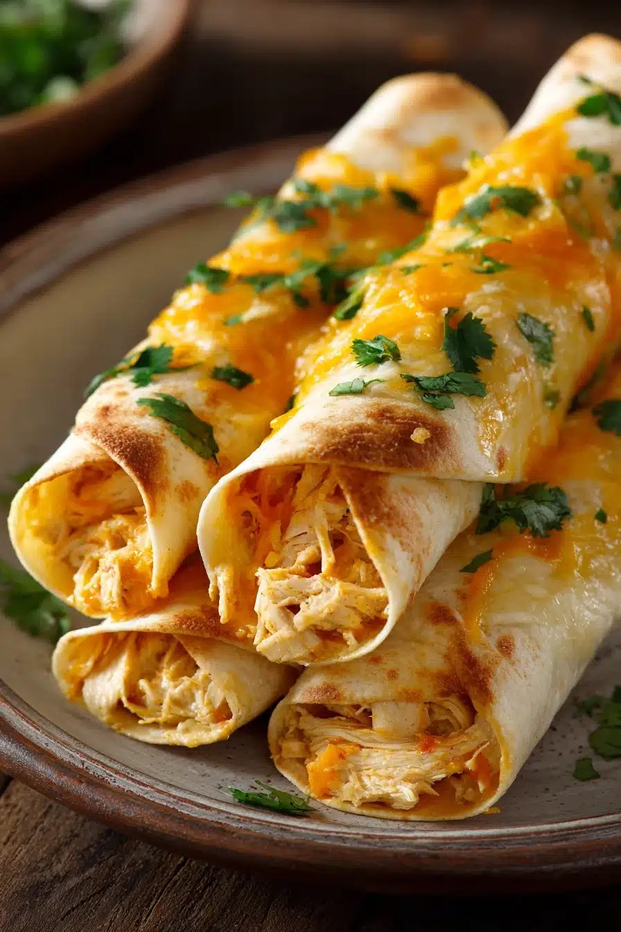 Close-up of chicken flautas with crispy golden tortillas and creamy sauce
