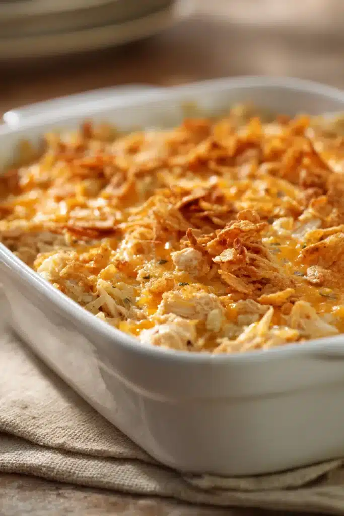 Close-up of a chicken hash brown casserole with golden crust and creamy texture.