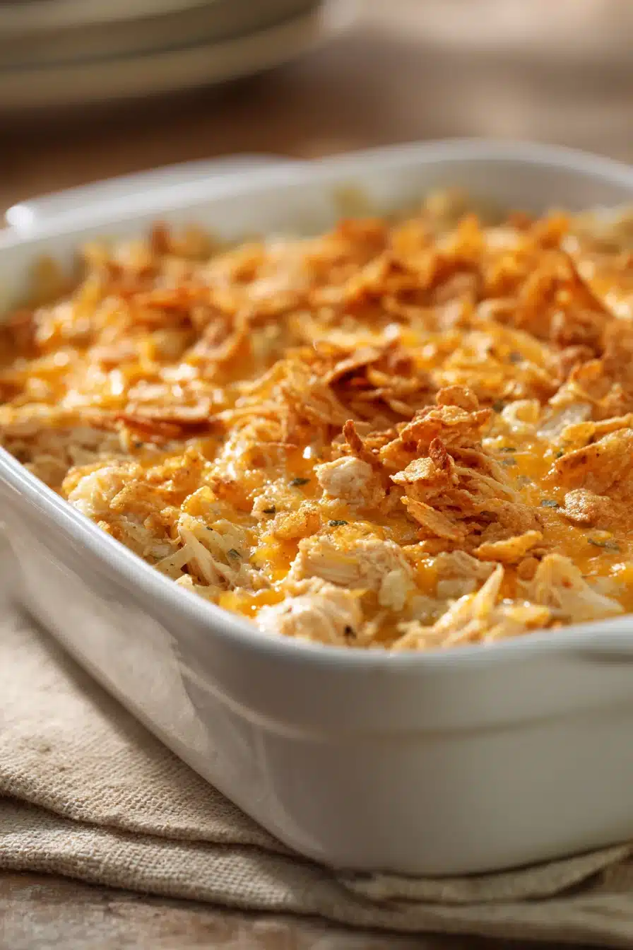 Close-up of a chicken hash brown casserole with golden crust and creamy texture.
