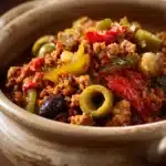 Close-up of Chicken Picadillo with vibrant colors and appetizing presentation.
