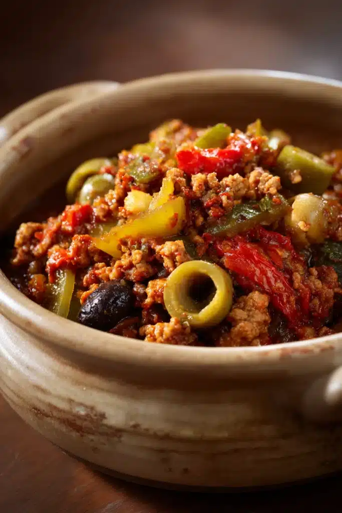 Close-up of Chicken Picadillo with vibrant colors and appetizing presentation.