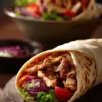 Close-up of a Chicken Shawarma Wrap with fresh vegetables and creamy sauce.