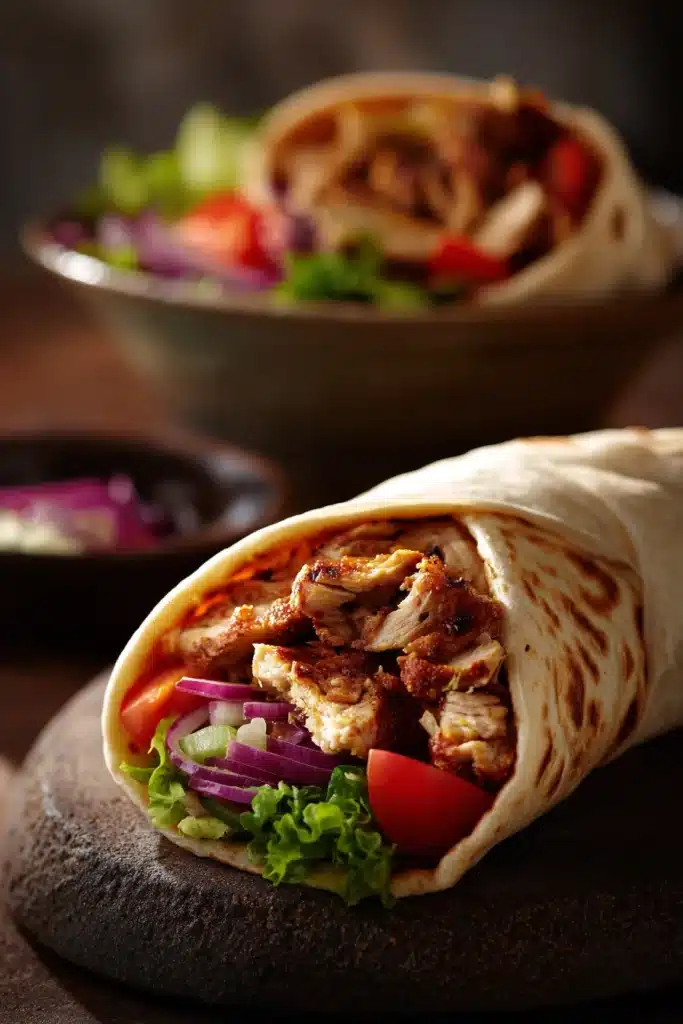 Close-up of a Chicken Shawarma Wrap with fresh vegetables and creamy sauce.