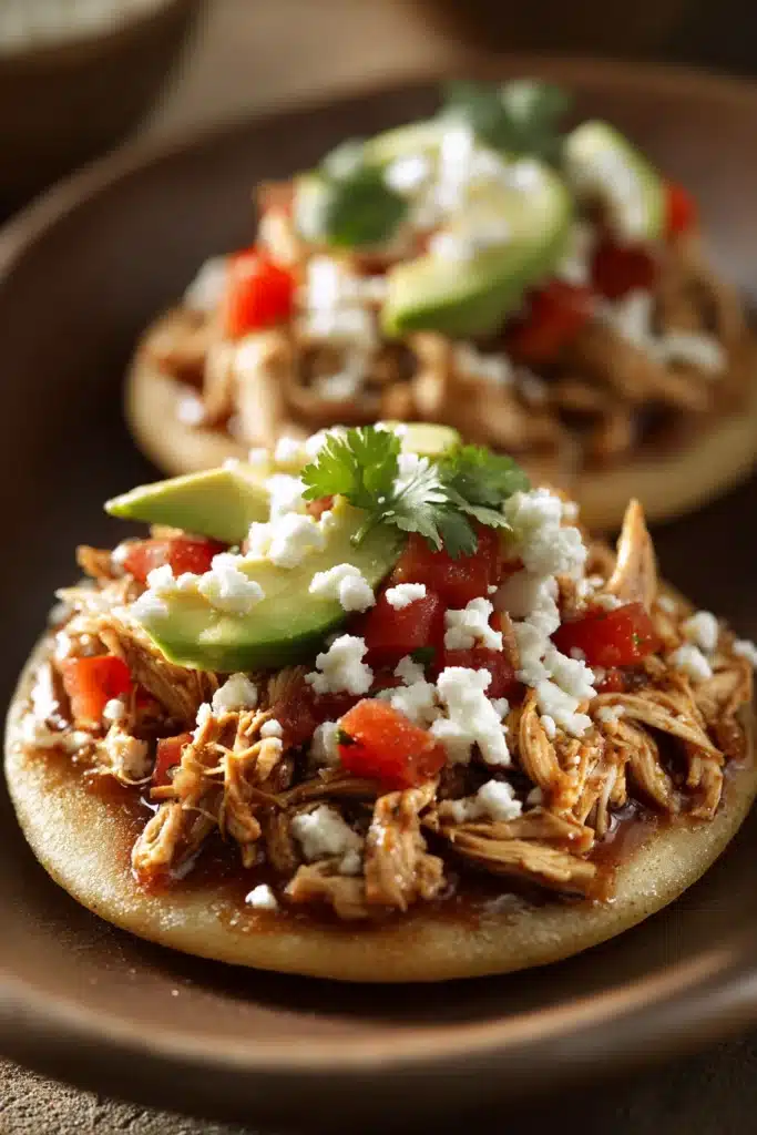 Close-up of chicken sopes with creamy sauce and garnishes on a clean plate