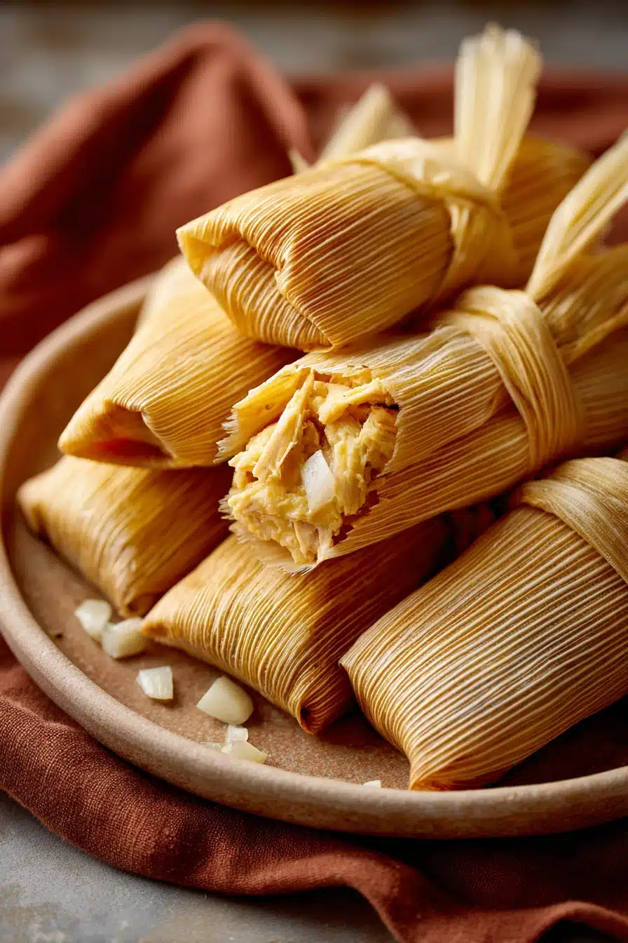Close-up of chicken tamales with a clean background, showcasing the texture and color of the dish.