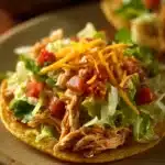 Close-up of chicken tostadas with fresh toppings on a clean plate