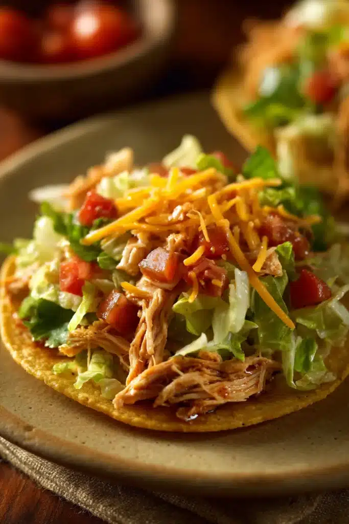 Close-up of chicken tostadas with fresh toppings on a clean plate