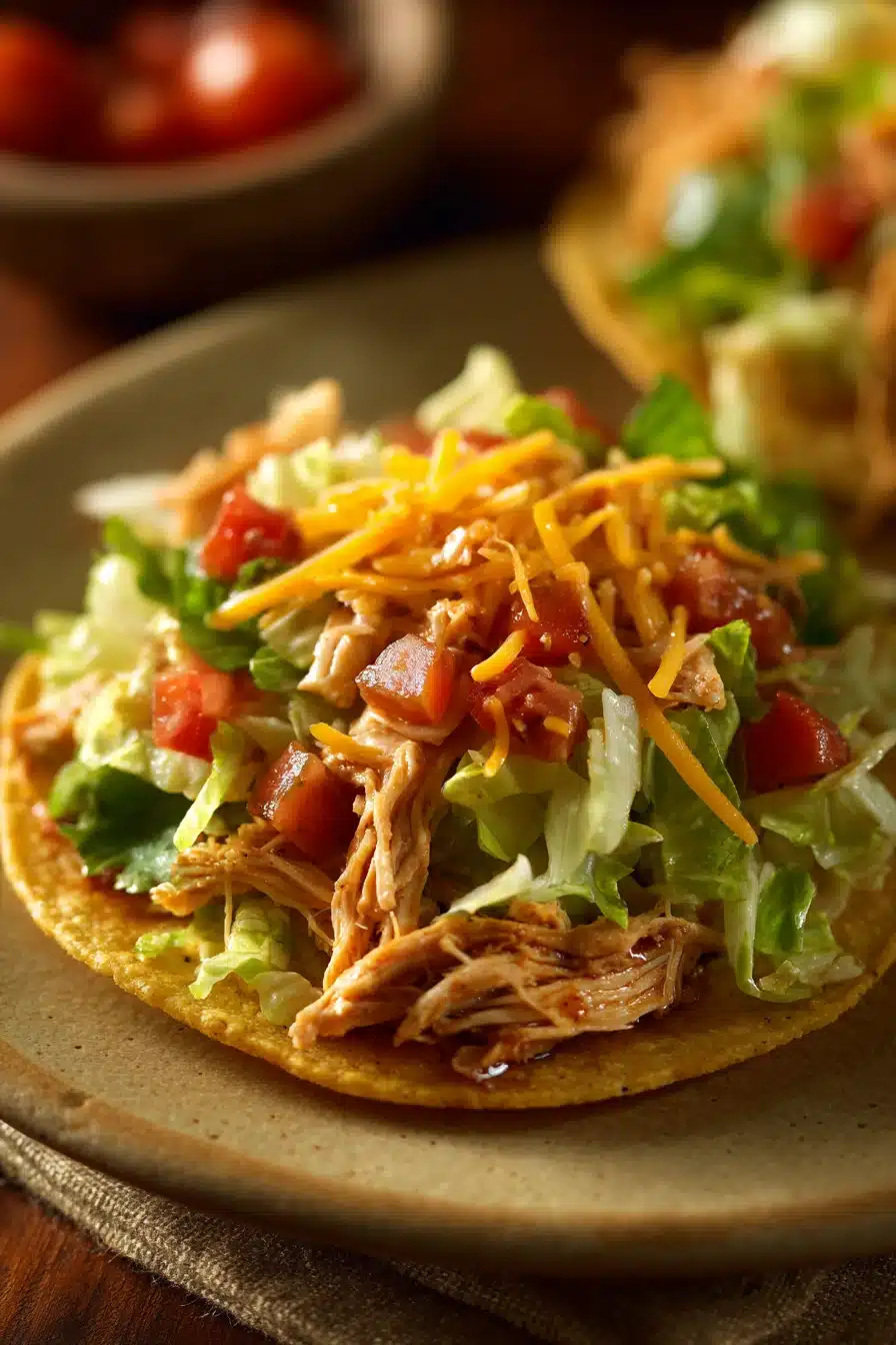 Close-up of chicken tostadas with fresh toppings on a clean plate