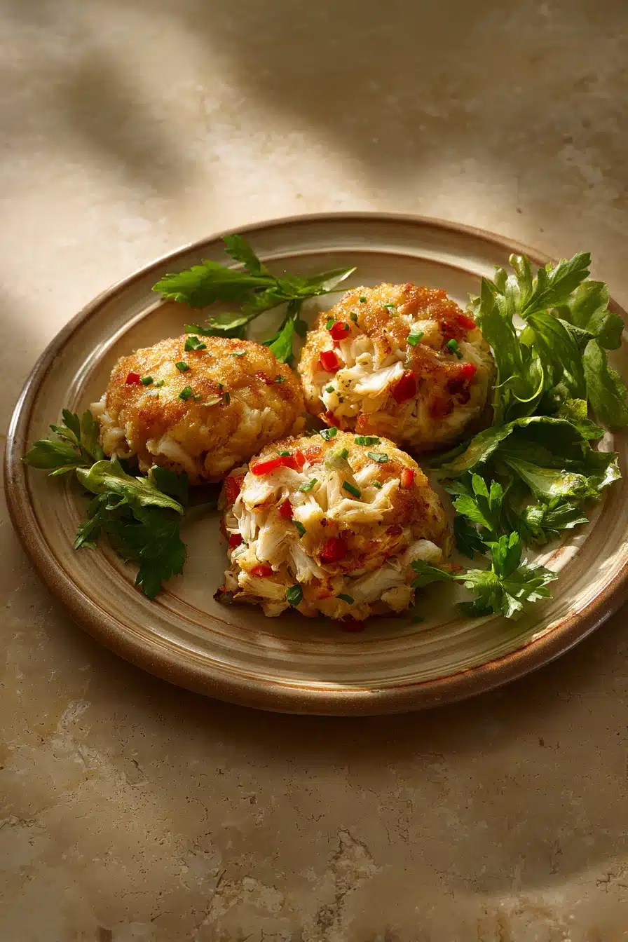 Close-up of a golden-brown crab cake on a white plate with a clean background.