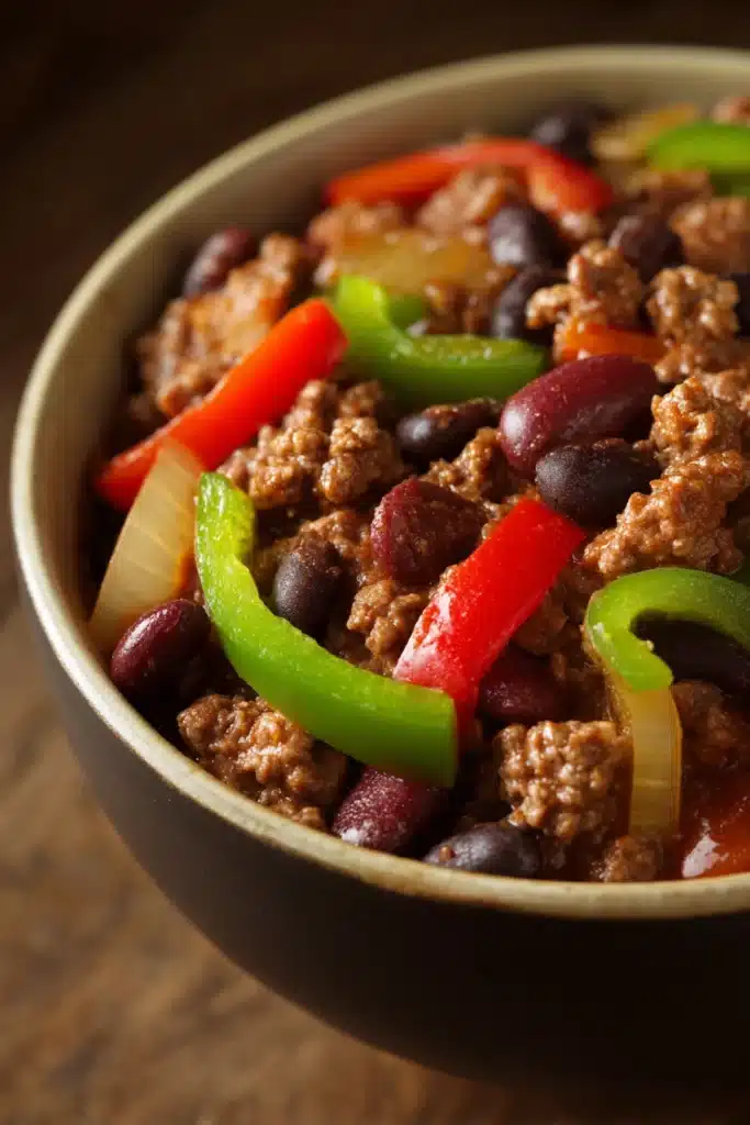 Close-up of a hearty ground beef chili with beans and spices in a bowl