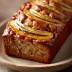 Close-up of maple banana bread with a golden crust and moist interior.