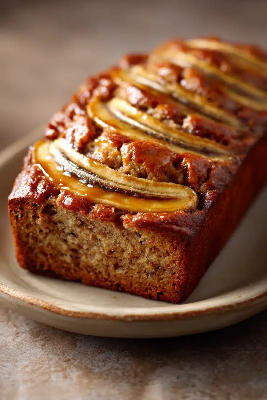 Close-up of maple banana bread with a golden crust and moist interior.