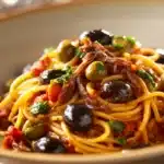 Close-up of Pasta Puttanesca with vibrant sauce and fresh ingredients