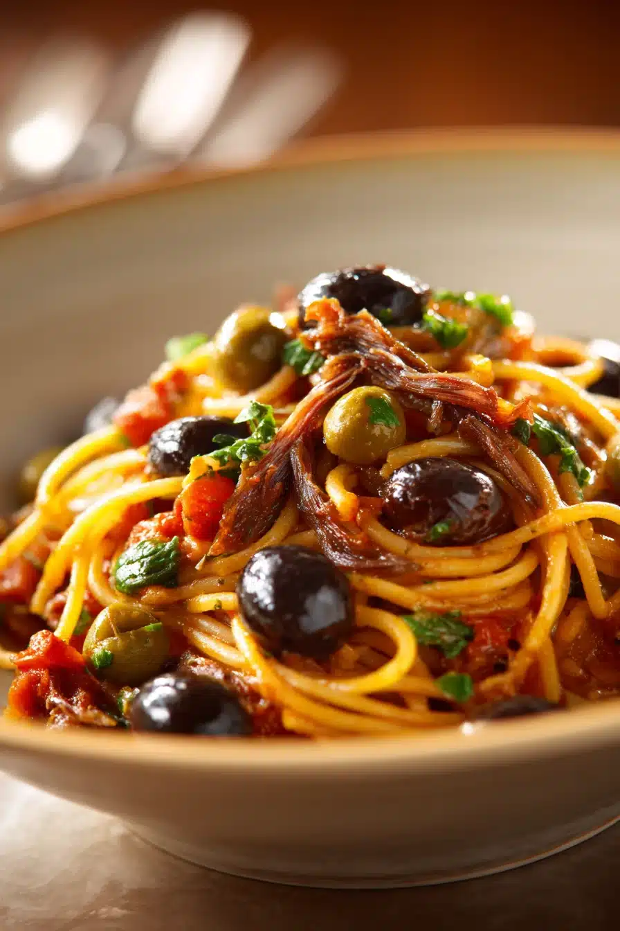 Close-up of Pasta Puttanesca with vibrant sauce and fresh ingredients