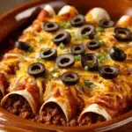 Close-up of Tex-Mex enchiladas with melted cheese and garnished with herbs.