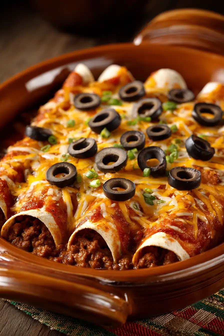 Close-up of Tex-Mex enchiladas with melted cheese and garnished with herbs.