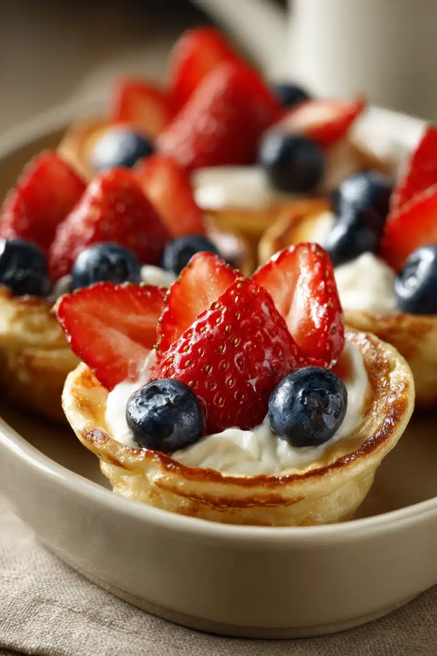 Close-up of golden brown pancake poppers on a white plate, perfect for an easy breakfast.