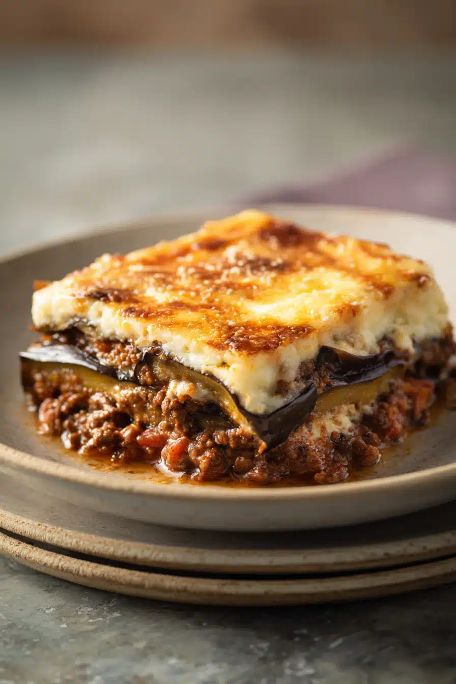Close-up of a delicious moussaka with layers of eggplant, meat, and creamy sauce.