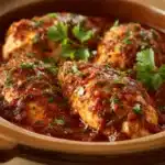 Close-up of a creamy chicken marinara dish with herbs in a slow cooker.