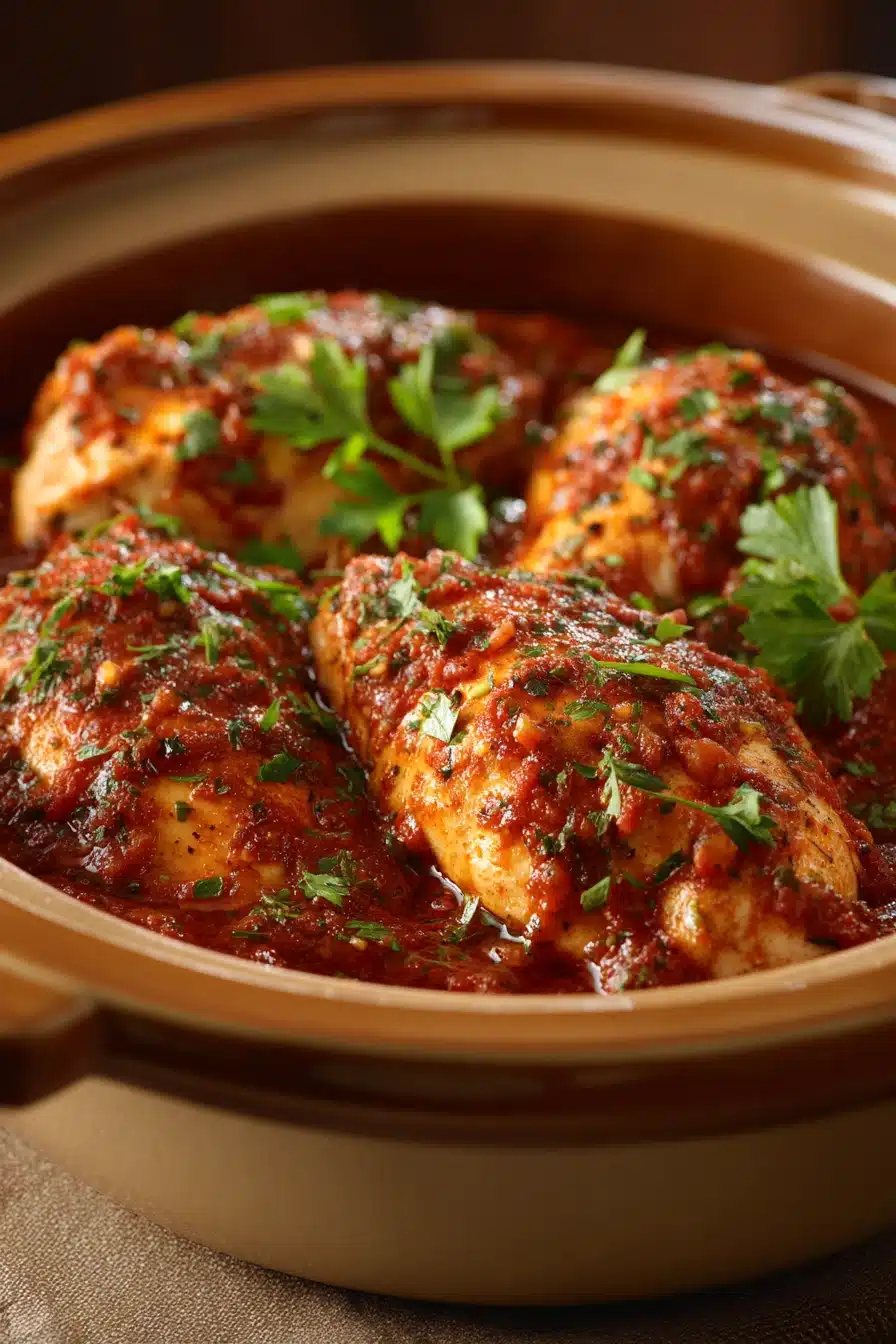 Close-up of a creamy chicken marinara dish with herbs in a slow cooker.