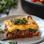 Close-up of an egg bake casserole with ground beef, showcasing melted cheese and golden crust.