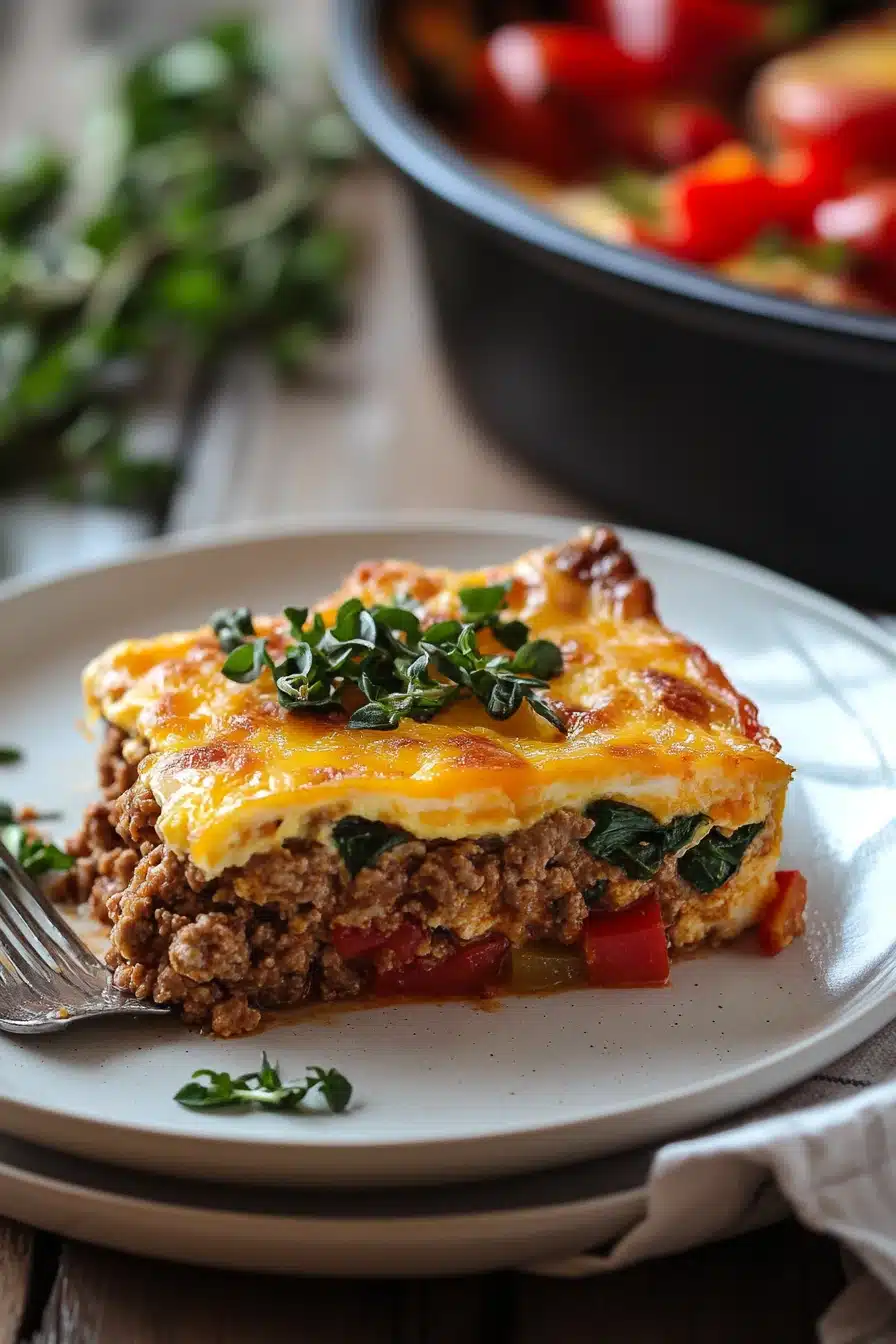 Close-up of an egg bake casserole with ground beef, showcasing melted cheese and golden crust.