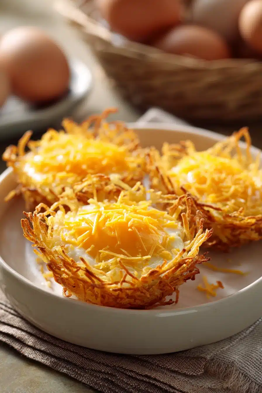 Eggs in crispy hash brown baskets with bright, natural lighting and minimal background.
