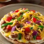 Close-up of a flavorful English muffin breakfast pizza with toppings visible