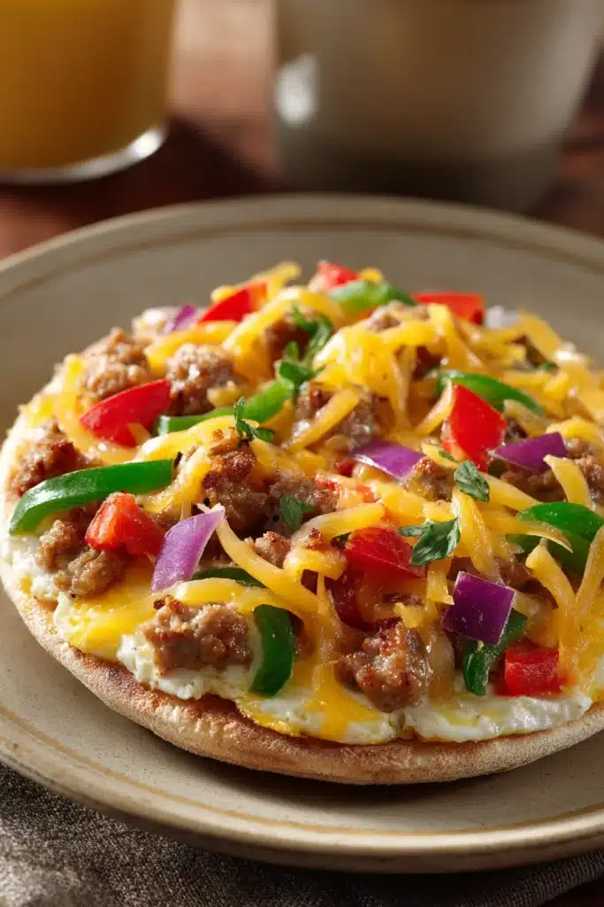 Close-up of a flavorful English muffin breakfast pizza with toppings visible