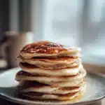 Close-up of fluffy banana pancakes stacked with syrup drizzling down.
