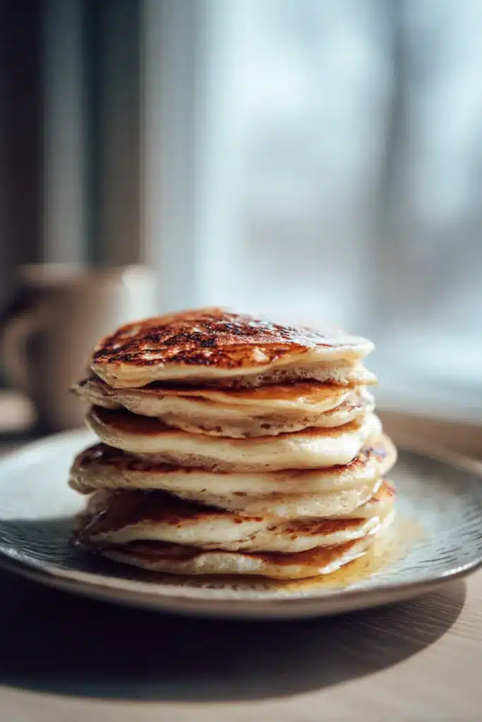 Close-up of fluffy banana pancakes stacked with syrup drizzling down.