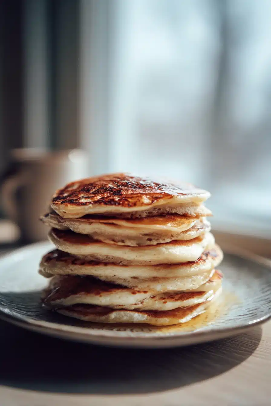 Close-up of fluffy banana pancakes stacked with syrup drizzling down.