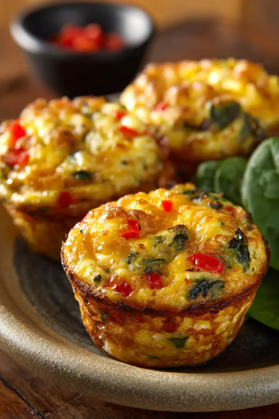 Close-up of fluffy breakfast egg muffins with a golden top, served on a white plate.