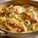 Close-up of French Onion Chicken Skillet with golden-brown chicken and caramelized onions.
