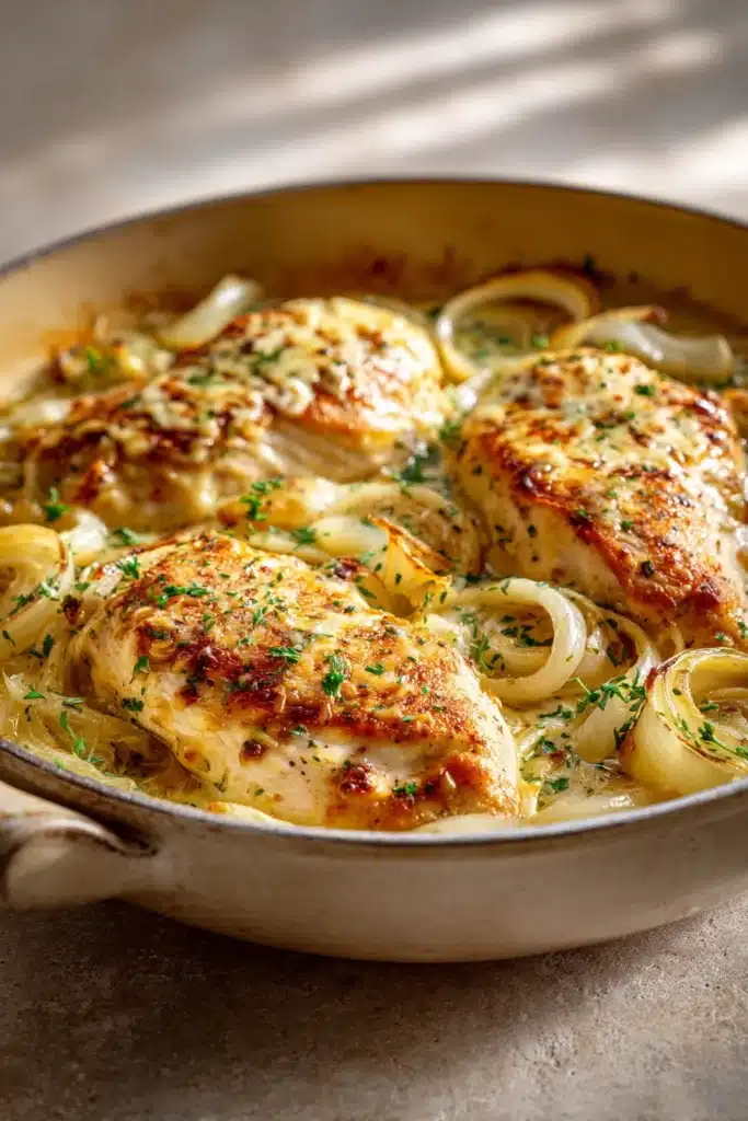 Close-up of French Onion Chicken Skillet with golden-brown chicken and caramelized onions.