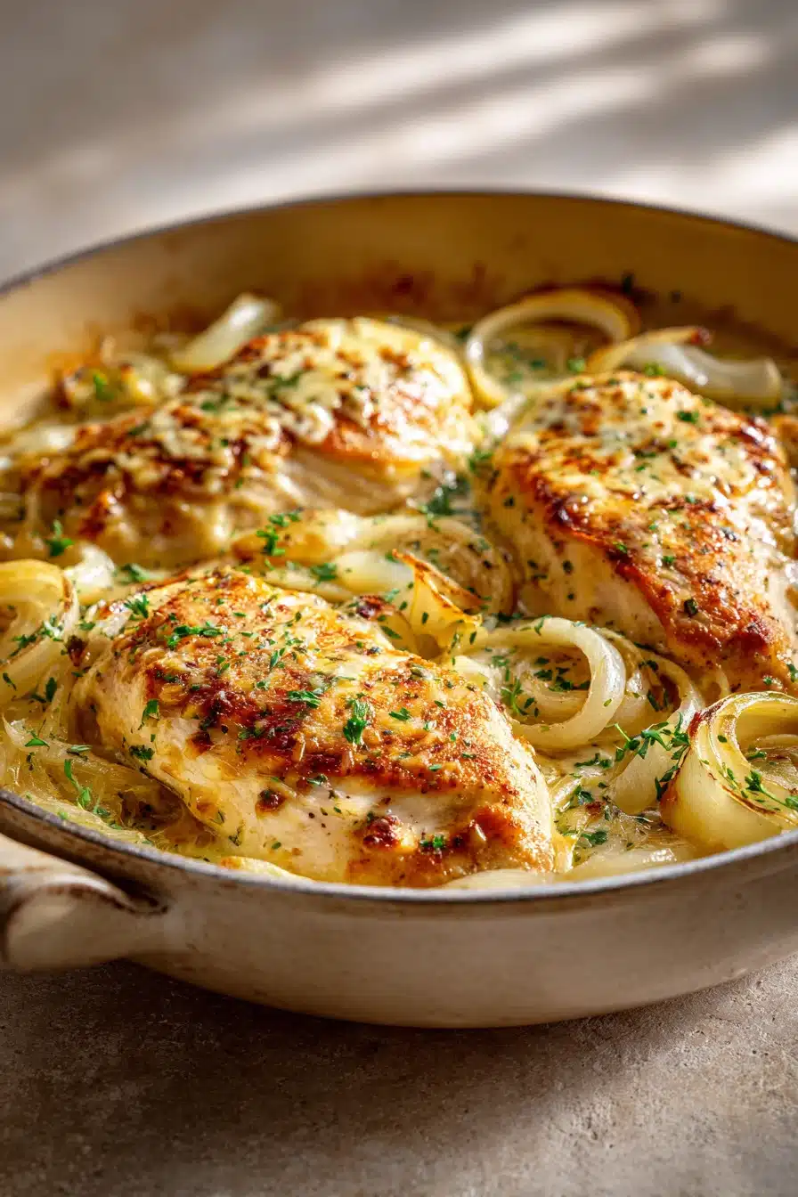 Close-up of French Onion Chicken Skillet with golden-brown chicken and caramelized onions.
